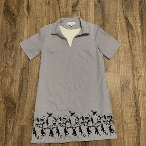 Nicole miller size 6 short sleeve dress navy white stripe Embroidered monkey